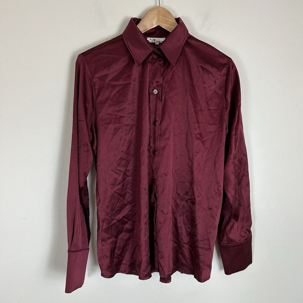 Mijo By Michelle Jonas Silk Shirt L Burgundy Long Sleeve Button Top Quiet Luxury
